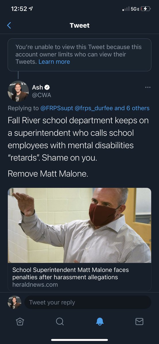 CWA's tweet photo. @PeopleInc_FR @HNNow @MayorPaulCoogan @TheArcUS @RepAlanSilvia Just thought you should be aware that Fall River Superintendent is now blocking folks concerned about him calling mentally disabled school employees retards.

This is not right.

Article: https://t.co/S0EOqWcb6u https://t.co/dttc3GF4Hl