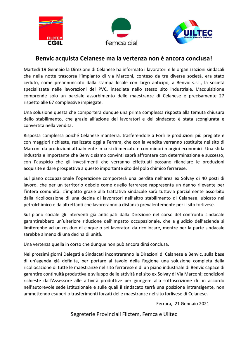 Filctem_Ferrara's tweet photo. #Benvic acquista lo stabilimento di #Ferrara della @celanese ma la vertenza non è ancora conclusa!
Segue comunicato stampa https://t.co/wJdjm9TRMQ https://t.co/0zKA4VnISg