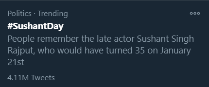 Track Twitter on our beloved Sushant Singh Rajput birthday.  #SushantDay 11:41pm :4.11M for  #SushantDay