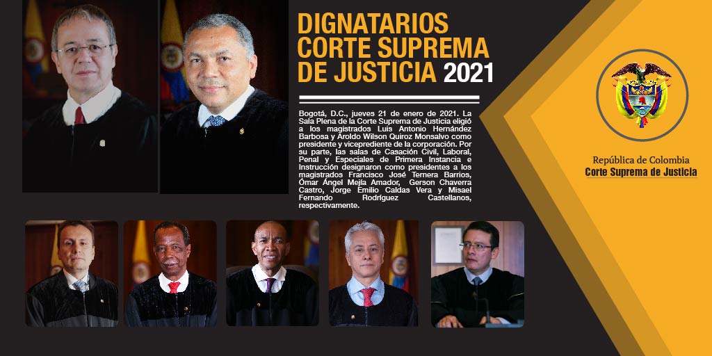 CorteSupremaJ's tweet photo. @CorteSupremaJ elige a magistrados Luis Hernández y Aroldo Quiroz presidente y vicepresidente. Juristas Francisco Ternera, Ómar Mejía, Gerson Chaverra, Jorge Caldas y Misael Rodríguez presidirán salas Civil, Laboral, Penal, Primera Instancia e Instrucción. https://t.co/pDZeXowCVG https://t.co/kyiH5p3l1r