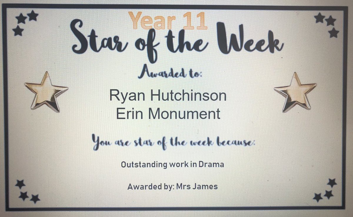 RYear11's tweet photo. Year 11 Drama 🎭 Stars of the Week awarded by Mrs James & Ms Morgan 🌟⭐️💫 Fantastic work Ryan & Erin 💫🌟⭐️ #hardworkleadstosuccess https://t.co/zeRYDaskOh