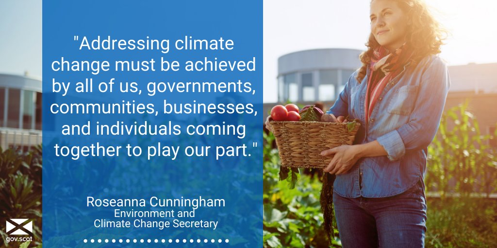 Infographic shows a woman carrying a basket full of vegetables in a community vegetable garden. There is a quote by Roseanna Cunningham, Environment and Climate Change Secretary. It reads "Addressing climate change must be achieved by all of us, governments, communities, businesses and individuals coming together to play our part."
