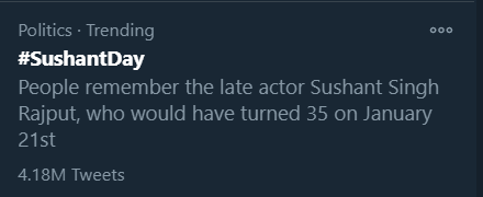 Track Twitter on our beloved Sushant Singh Rajput birthday.  #SushantDay 11:54pm :4.18M for  #SushantDay