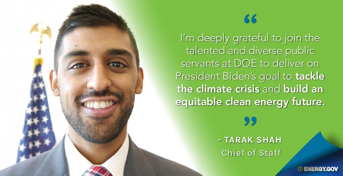 Let’s give a warm welcome to the new DOE Chief of Staff, Tarak Shah, and the new DOE senior leaders. As an energy policy expert, Tarak spent the last decade working to combat climate change. Learn more about him and the rest of our diverse &amp; talented team: bit.ly/3c3yzC3