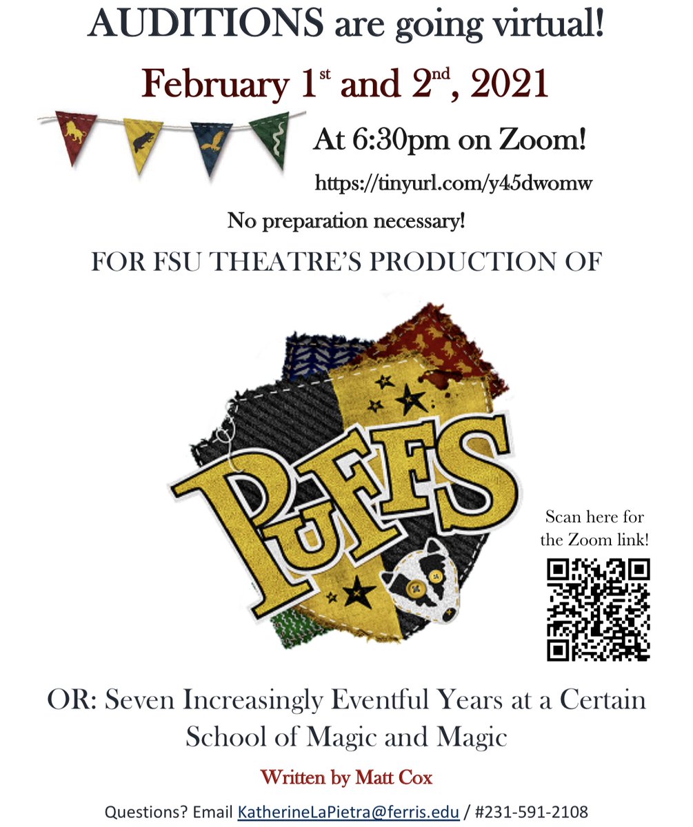 FSUauditorium's tweet photo. Have you ever dreamed of being a part of a certain magical school? Well now you can! FSU Theatre presents PUFFS! Virtual Auditions will be Feb. 1st and 2nd on zoom. Head on over to the FSU University Theatre page for the zoom link! #fsutheatre #PUFFS https://t.co/TgdLFZkbD7