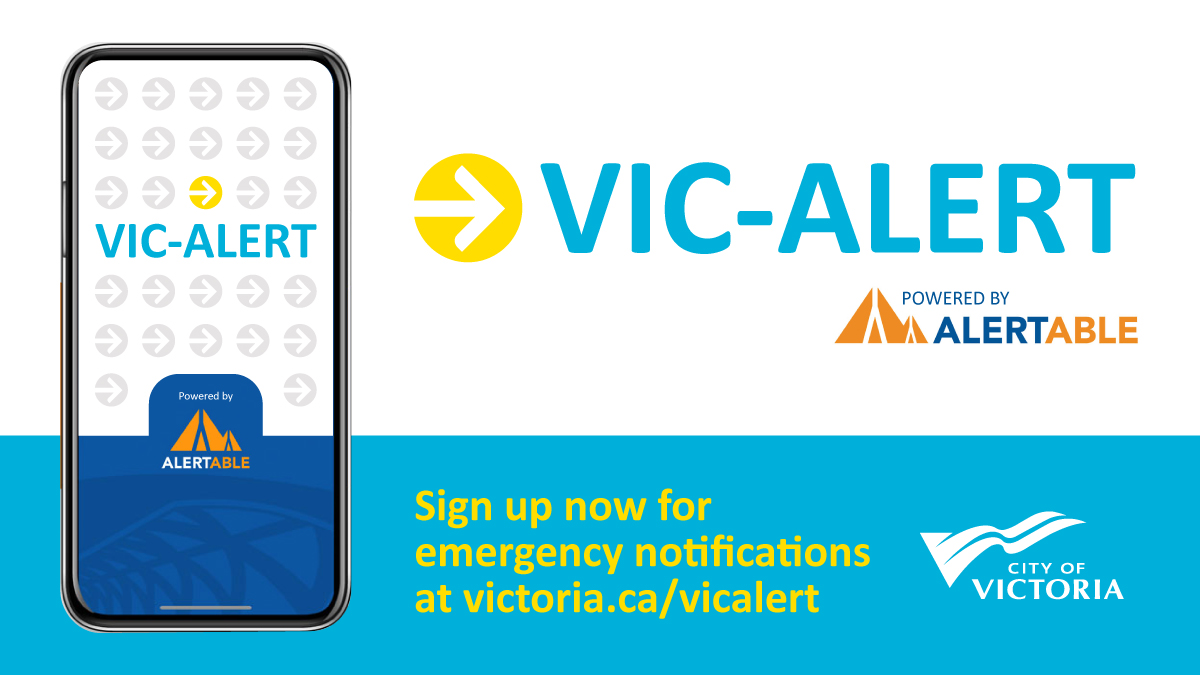 CityOfVictoria's tweet image. We are now using Alertable to send Vic-Alert #emergencynotifications ⚠ Current subscribers to Vic-Alert must resubscribe by February 1, 2021 to continue receiving emergency notifications for incidents such as tsunamis and gas leaks. Visit victoria.ca/vicalert to sign up. #yyj