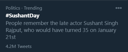 Track Twitter on our beloved Sushant Singh Rajput birthday.  #SushantDay 11:59pm :4.2M for  #SushantDay