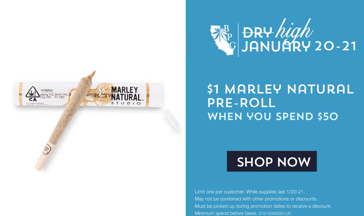 BPGtweet's tweet photo. Spend $50, get @MarleyNatural Pre-roll for $1 +tax! 

Limit one per customer. While supplies last 1/20-21

Stay home, Stay safe with BPG! 🚙💨

Order for Delivery or Curbside Pick Up: https://t.co/fhwmpTPeWJ

#HighJanuary #DryJanuary #Cannuary https://t.co/80nFB3IcD3