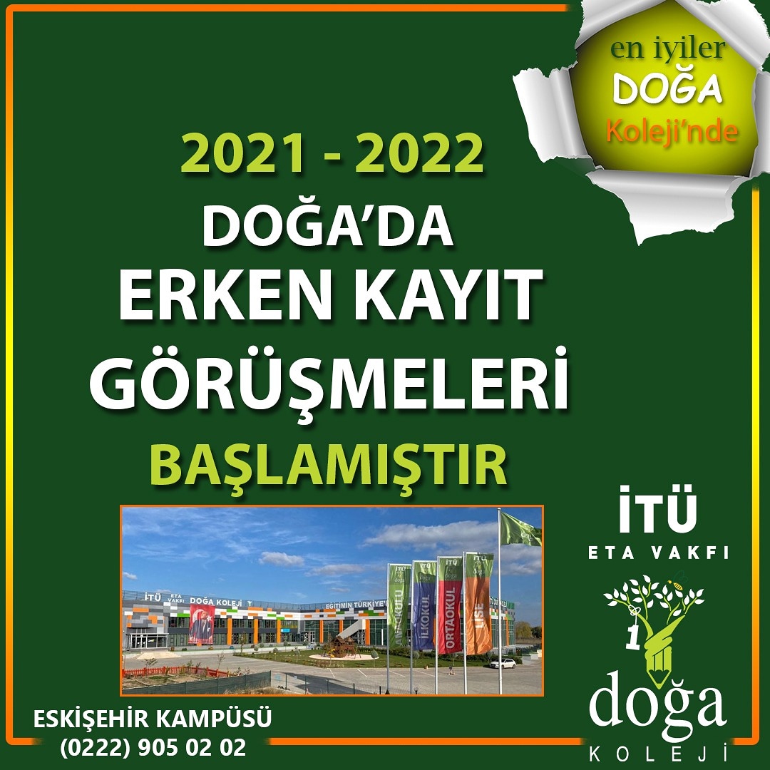 📣 ERKEN KAYIT DÖNEMİ BAŞLADI! 📣 İTÜ DOĞA KOLEJİ ESKİŞEHİR için 2021-2022 eğitim öğretim yılının ERKEN KAYITLARI başladı... 
ERKEN KAYIT AVANTAJINI KAÇIRMAYIN! ✅
Telefon: 0222 905 02 02 
#eskişehirdoğakoleji
#EğitiminLideri #tomorrowtodaydoga #kayıt #erkenkayıt