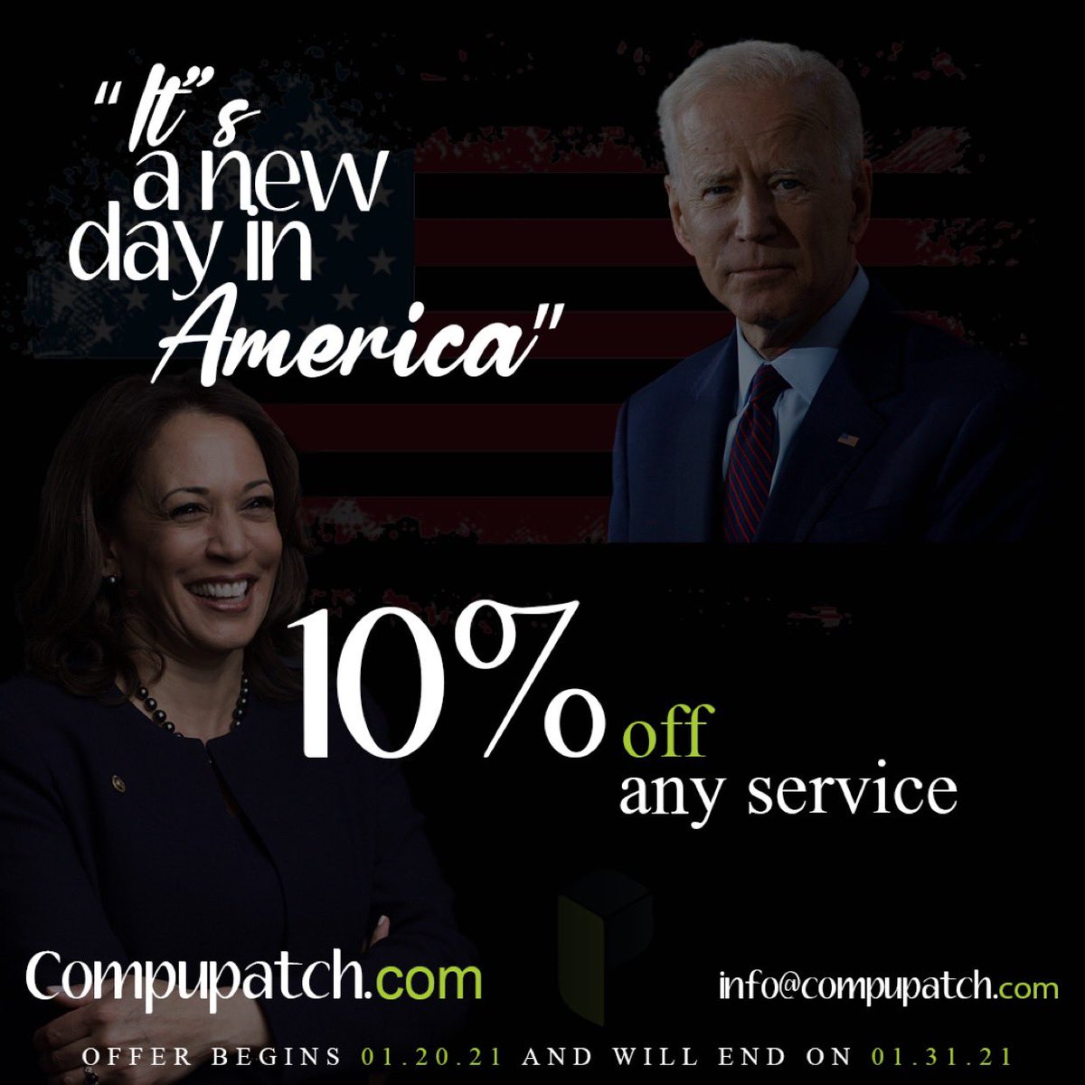 DominicanTech's tweet image. As we welcome our new President and Vice-President into the White House we would also like to welcome you to our 10% discount for one week on any service.! Yes, on any service.! #compupatch #technology #IT #software #hardware #services #maryland #baltimore #washington