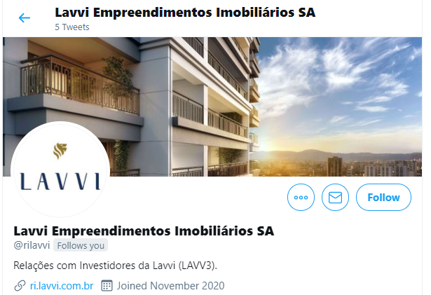 A área de Relações com Investidores da Lavvi (LAVV3), incorporadora do grupo Cyrela recentemente listada na B3, 
acaba de acessar o Twitter! 

Vale a pena conferir para acompanhar notícias da empresa e do setor: 

<a href="/rilavvi/">Lavvi Empreendimentos Imobiliários SA</a> 

x.com/rilavvi