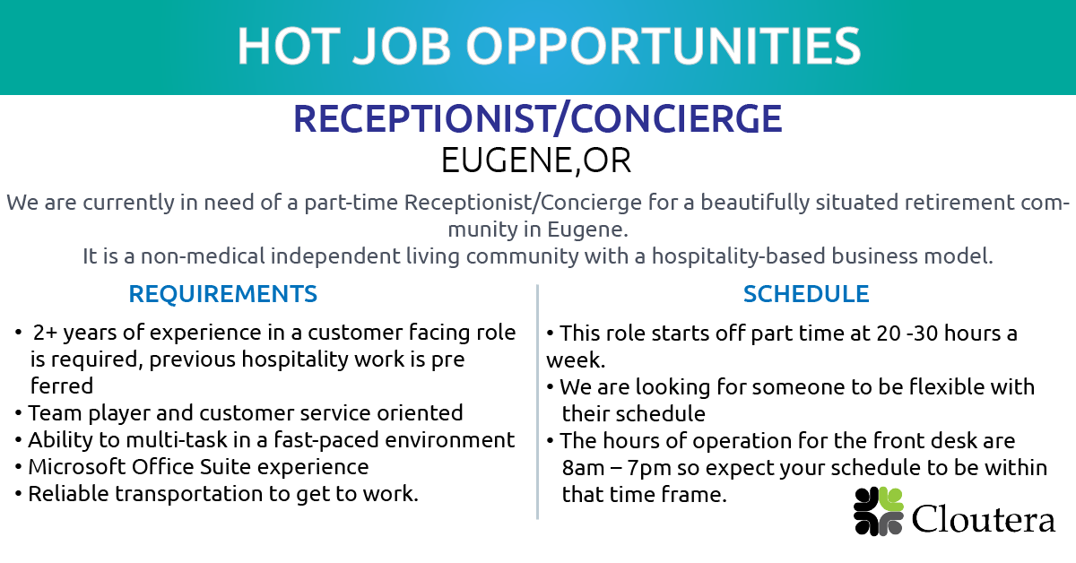 #Hiring - Receptionist/Concierge #EUGENE, #OR
If interested, please email your updated resume to
Tessa Abeyta (tessa@cloutera.com)
Click here to see more opportunities: lnkd.in/gbuiraZ
#recruitment #Cloutera