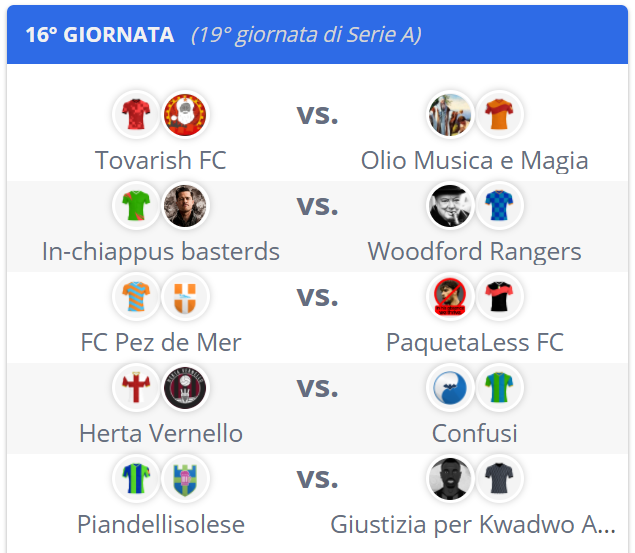 Fantascarso's tweet photo. Le partite della sedicesima giornata di #Fantascarso

In programma lo scontro al vertice tra @PaquetaLessFC e @fc_pez 

#Fantacalcio #Fantascar2021 https://t.co/FUaFgCRFXN