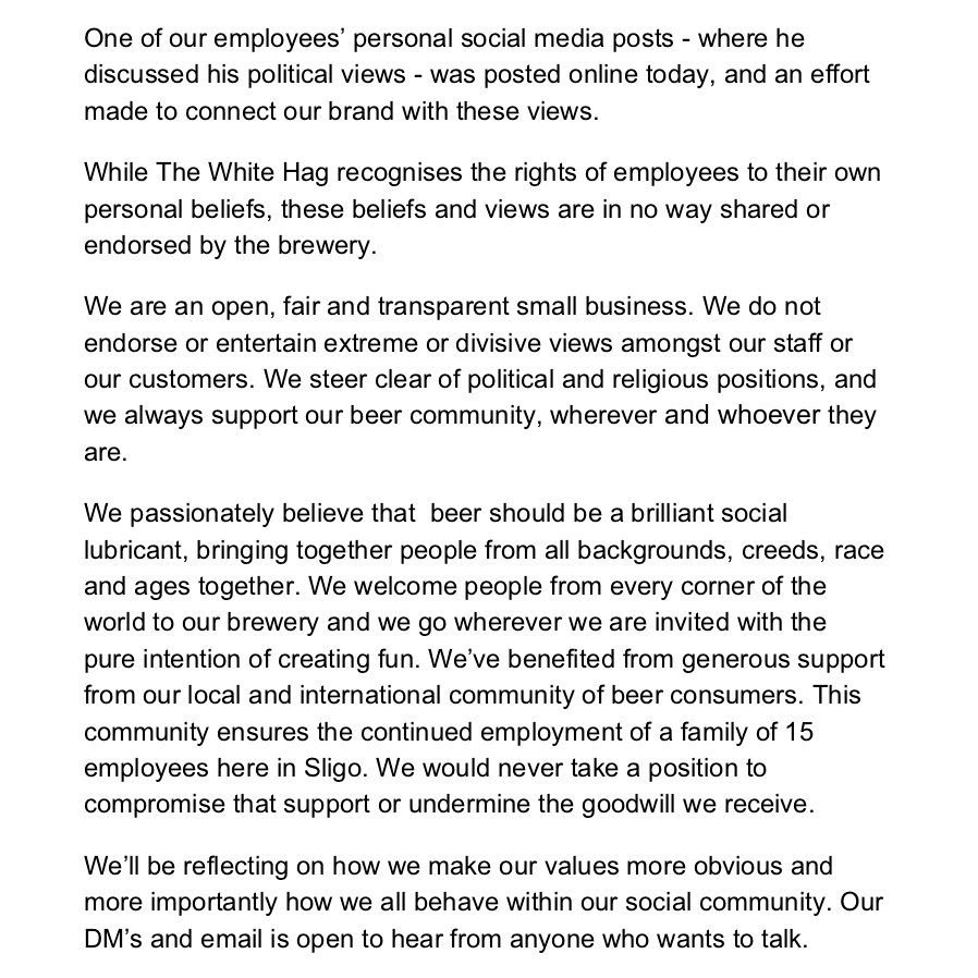TheWhiteHag's tweet photo. A note to our beer community, following events yesterday and today. https://t.co/W7GMW1I0Gp