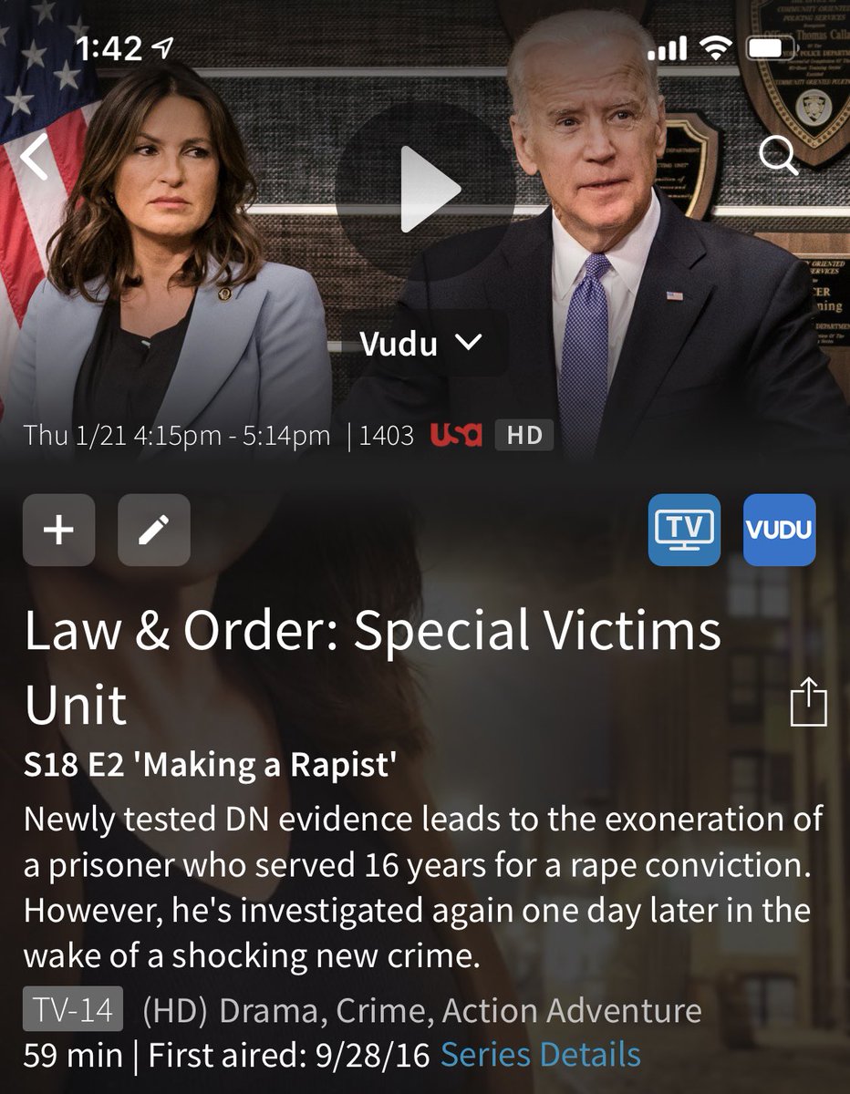 ⁦@warrenleightTV⁩ ⁦& ⁦@WhiteHouse⁩: Viewer Alert... ⁦@nbcsvu⁩ “Making a Rapist” episode from 2016 w/cameo by President Biden (@potus) at 4:15pm today on USA (⁦@USA_Network). ⁩ Tell America to check their local listings!