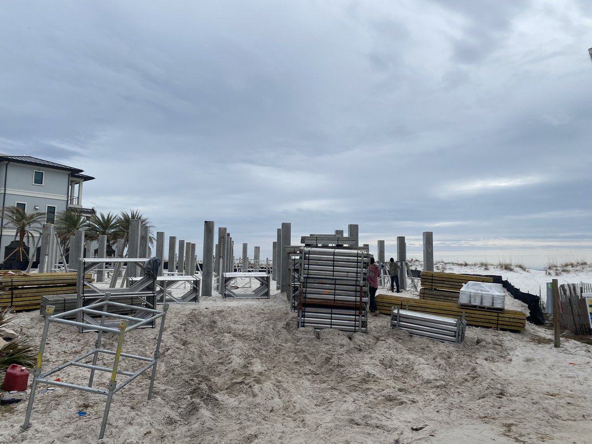 Force5Walls's tweet photo. Day one on Pensacola Beach.  Starting the shoring for the elevated deck. About 4,500 sq ft, 10’ above grade. #LiteDeck. #StickBuiltisForSissies. #pensacolabeach #GulfFront https://t.co/zwuAEfxxM8