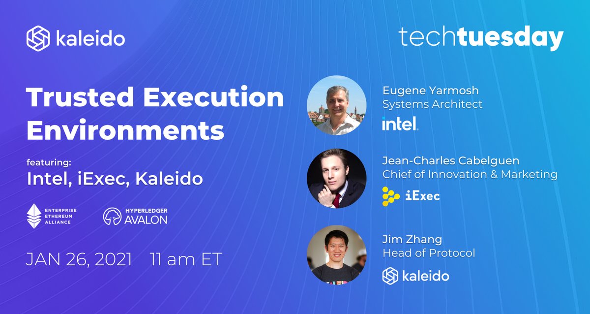 Kaleido_io's tweet image. Used together w/ #permissionedblockchains, TEEs can improve scalability and enable novel collaborative data processing scenarios. Learn more about them, plus @Hyperledger Avalon and @EntEthAlliance&apos;s Trusted Compute Specification in our upcoming webinar!  bit.ly/3o3qoJ0