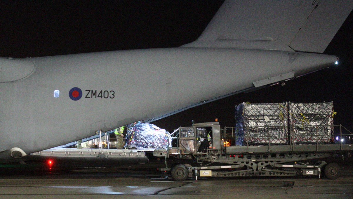 The second batch of the #Pfizer #vaccine was successfully delivered to #Gibraltar last night, once again with the assistance of <a href="/FCDOGovUK/">Foreign, Commonwealth & Development Office</a>, <a href="/RoyalGIBRegt/">Royal Gibraltar Regiment</a> and additional #BFGib personnel. <a href="/RoyalAirForce/">Royal Air Force</a> <a href="/GibraltarGov/">HM Govt of Gibraltar</a> <a href="/RAFBrizeNorton/">RAF Brize Norton</a> #A400M #ZM403 #RAF #ukmilitaryaircraft #COVID19