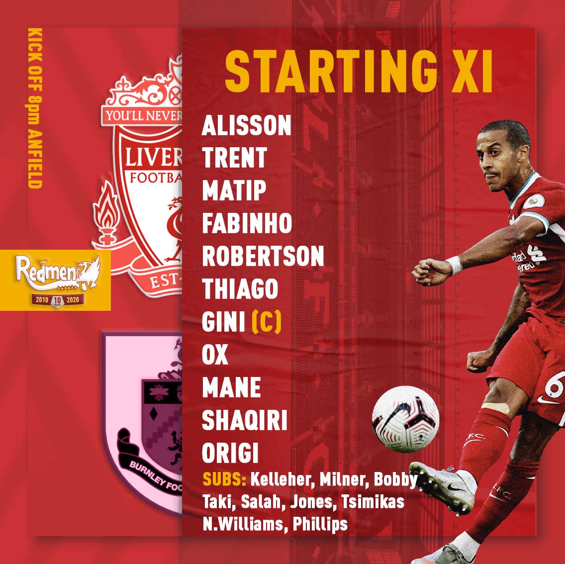 TheRedmenTV's tweet photo. #LFC side to face Burnley. #LIVBUR 

DISCUSS. https://t.co/QdvSKOxJxj