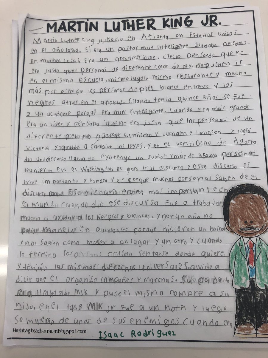 Nataliac1982's tweet photo. Celebrating MLK Jr!!! Super proud teacher!!! Can’t believe how much they learn and write in Spanish 😍💓���✏️📝💚💚 @ParticipateLrng @misssolesbee you need to check this!!! https://t.co/PWBmZkvz0m