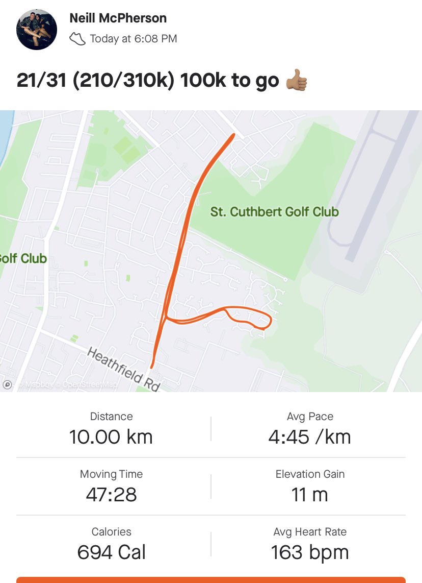 21/31 (210/310k) 👍🏽

100k to go keeman 🏃🏽‍♂️

justgiving.com/fundraising/ne…