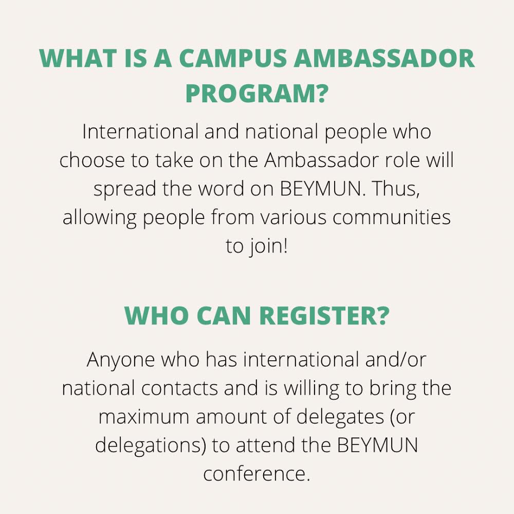 beymun2021's tweet photo. Sign up as Campus Ambassador now at the link in our bio to help spread the word about BEYMUN’21 💚 https://t.co/ChvWSrlO0p