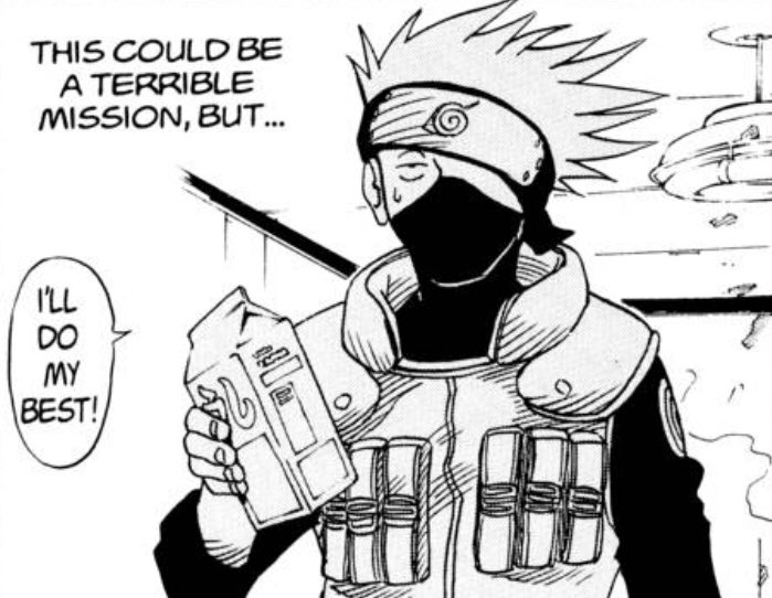 I know all he’s doing here is walking around with expired milk but Kakashi is really the coolest dude on the block. Iconic really.  #Grantuto