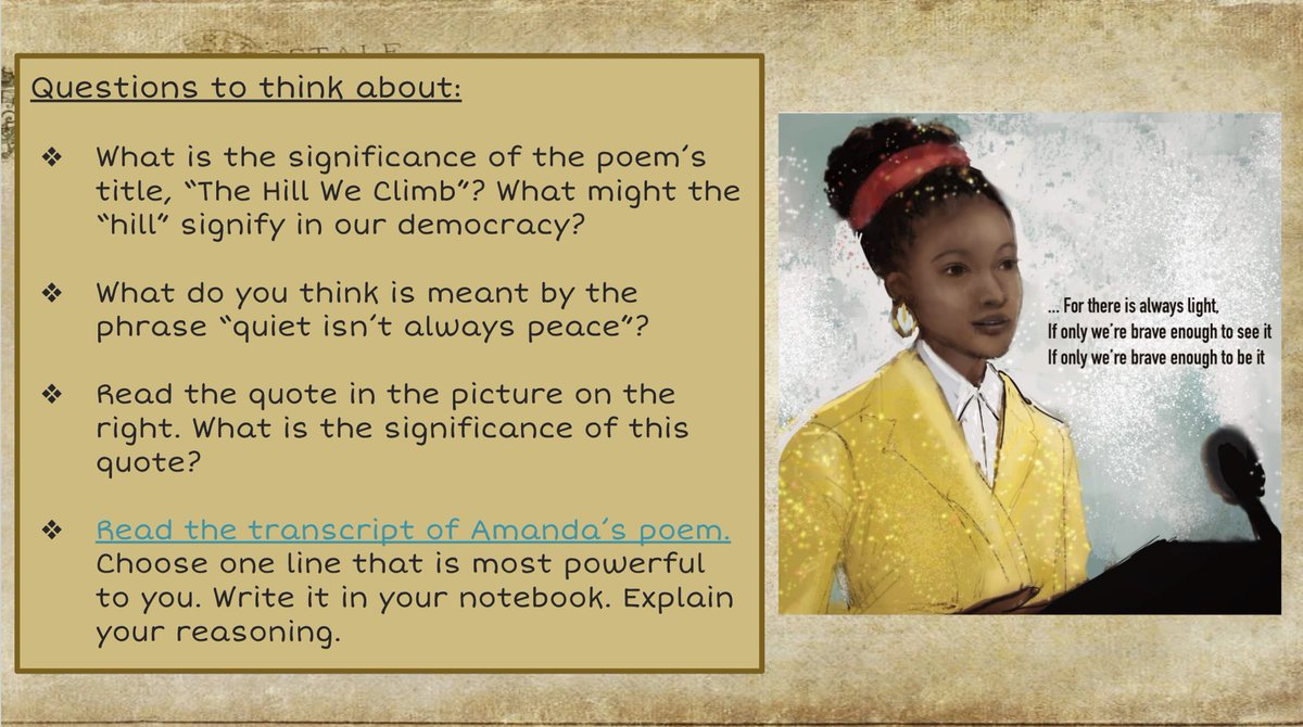 mrs_santos24's tweet photo. 6th graders engaged in deep thought &amp; conversation today as we analyzed @TheAmandaGorman ‘s poem from #Inauguration2021 . Thank you for being such an inspiration for our students!💛 @MineolaMS #MineolaProud #MineolaTogether https://t.co/NsxptbbFWV