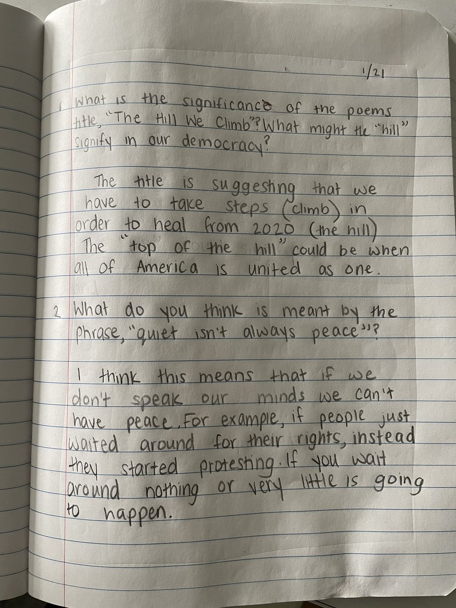 mrs_santos24's tweet photo. 6th graders engaged in deep thought &amp; conversation today as we analyzed @TheAmandaGorman ‘s poem from #Inauguration2021 . Thank you for being such an inspiration for our students!💛 @MineolaMS #MineolaProud #MineolaTogether https://t.co/NsxptbbFWV