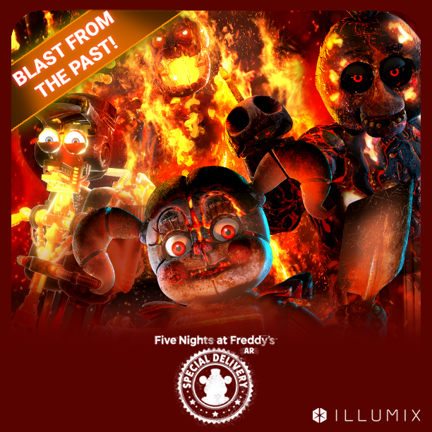 Illumix's tweet photo. It's time to turn up the temperature 🥵🔥
The Sizzling Summer squad is all fired up--
will you beat the heat in this Blast from the Past?

#FNAF #FNAFAR #Illumix #SpecialDelivery #MR #gaming #SizzlingSummer #turnup #beattheheat #BlastfromthePast #Springtrap #Baby #Chica #BareEndo https://t.co/ZdTyRL8rDR