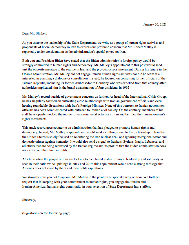 NUFDIran's tweet photo. PLEASE SHARE

Former US hostages, Iranian political prisoners, and Iranian-American journalists and activists oppose the reported consideration of @Rob_Malley as @StateDept's #Iran envoy.

This selection would contradict @JoeBiden &amp; @ABlinken's pledge to prioritize human rights. https://t.co/GZ2gfpD1Lb