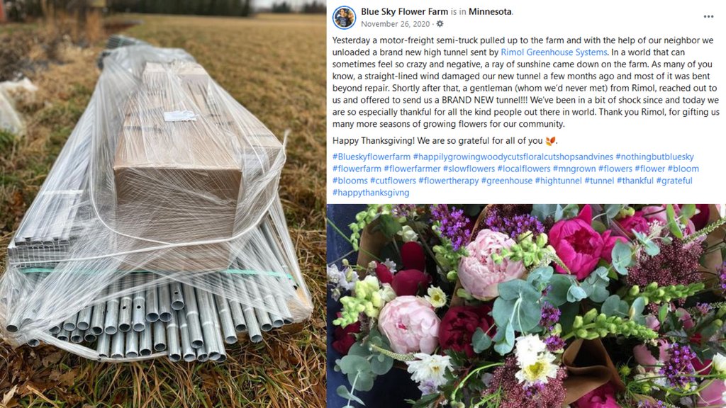 #TBT: Blue Sky Flower Farm (<a href="/AckermanRachael/">Blue Sky Flower Farm</a>) are experts in sustainably growing #specialtycutflowers. In 2020, their tunnel was damaged, but we let their local community be without the farm's flowers for long. Thank you Blue Sky for your kind words! instagram.com/blueskyflowerf…
