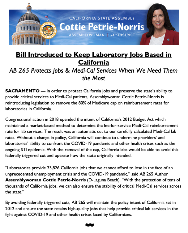 AsmCottie's tweet photo. Laboratories provide 75,826 California jobs that we cannot afford to lose in the face of an unprecedented unemployment crisis and the #COVID19 pandemic.
Today, I introduced #AB265 in an effort to keep these critical jobs & the services they provide in California #CAleg https://t.co/GiZ0JN5Pkc