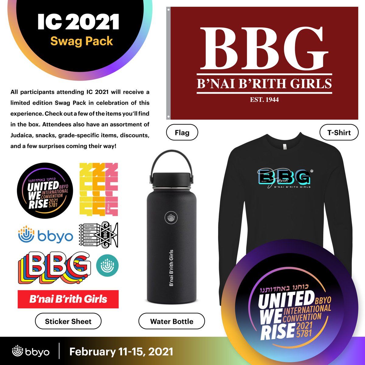 BBYOInsider's tweet photo. ✨ SNEAK PEEK! ✨ We are so excited to share a preview of what will be coming in your limited edition IC 2021 Swag Pack! It's not too late to join more than 2,000 PARTICIPANTS for an epic weekend! https://t.co/EhwZ7bAvOY. https://t.co/CTFba3OJm0