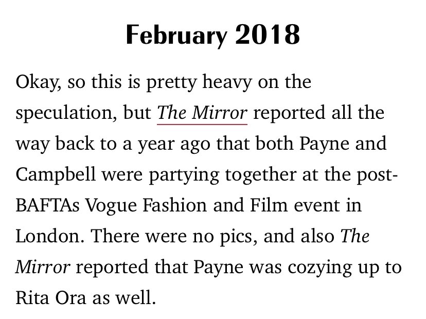 In February 2018 Liam was supposed to still be with Cheryl. Except he’s flirting with Naomi and cuddling up with Rita? There were no pics to confirm this and the two never confirmed or denied their relationship but allowed new reporters to speculate they were am item.