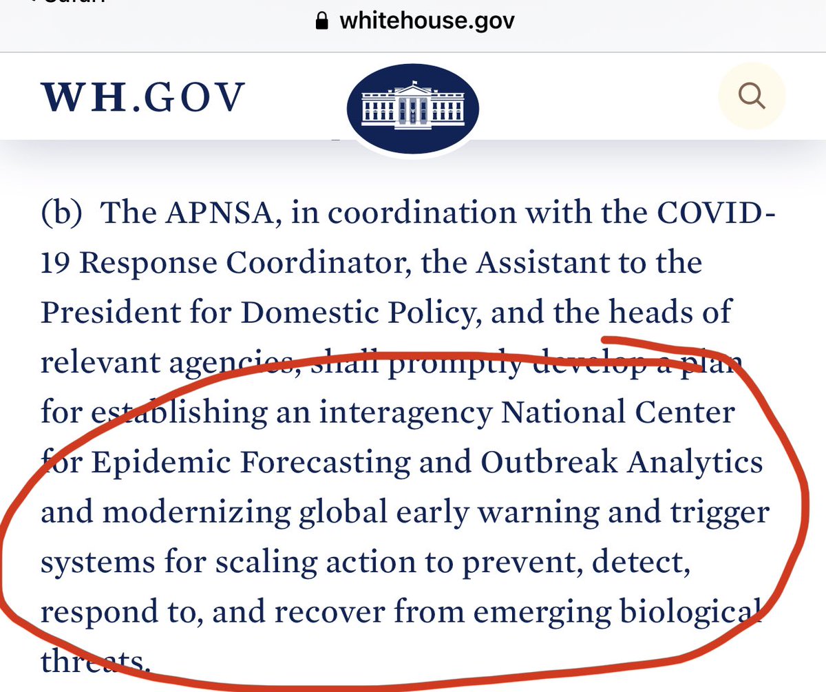 OMG—Biden WH just created a new *National Center for Epidemic Forecasting & Outbreak Analytics*. Just like a national weather center or NASA’s asteroid detection center (CNEOS), this will be a pandemic warning center!This will help prevent pandemics! https://www.whitehouse.gov/briefing-room/statements-releases/2021/01/21/national-security-directive-united-states-global-leadership-to-strengthen-the-international-covid-19-response-and-to-advance-global-health-security-and-biological-preparedness/