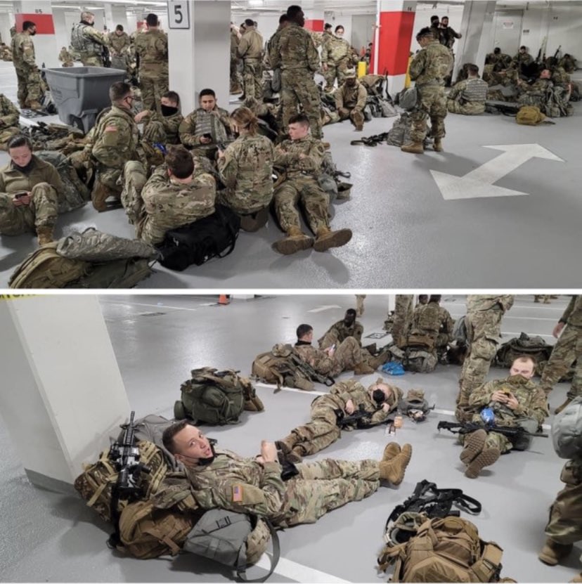 MILITARY SOURCE IN DC: “For the last week my battalion has been sleeping on the floor in the Senate cafeteria. Today the Senate kicked us out & moved us to a cold parking garage. 5000 soldiers. 1 power outlet. One bathroom. This is how Joe Biden’s America treats solders.” PHOTOS