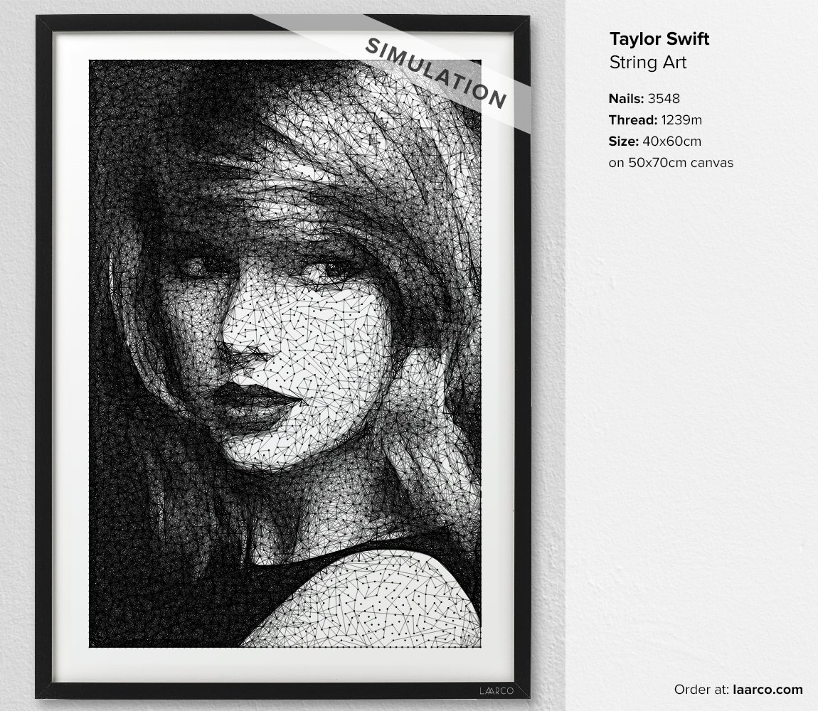 LaarcoStudio's tweet photo. Taylor Swift (String Art simulation)

https://t.co/Q2ihxXcL60

Before we send a piece for printing, we work with a computer-generated simulation. It shows the position of the nails and how the thread will look like.⠀

#stringart  #taylorswift https://t.co/u1sinsaSpb