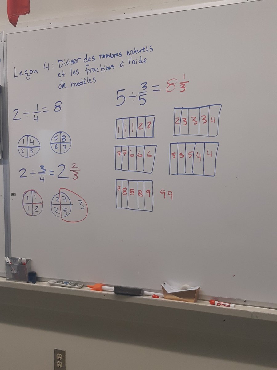 S_Achkar's tweet photo. Mme Parsons' students @EllenvaleJrHigh have been modeling #FractionDivision the past couple of days. Verbalizing the division sentence (ex: how many groups of 3/5 are in 5?) helped them understand conceptually what is going on! @MmeParsons #HRCEmath #SeeWhatAmLearning https://t.co/0K2qMAFKAd