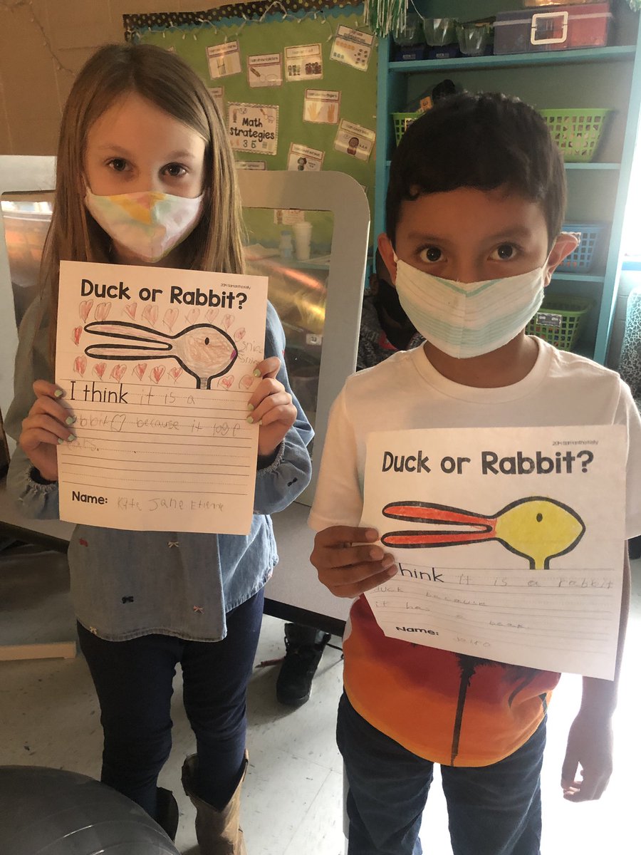 APittsParty's tweet photo. This week, we’ve been working on opinion writing. After we read “Duck! Rabbit!” by Amy Rosenthal we wrote our own opinion piece about whether the picture was a duck or a rabbit! https://t.co/6W7ufEseLj
