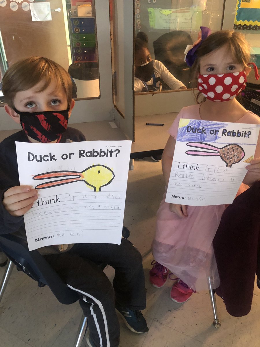 APittsParty's tweet photo. This week, we’ve been working on opinion writing. After we read “Duck! Rabbit!” by Amy Rosenthal we wrote our own opinion piece about whether the picture was a duck or a rabbit! https://t.co/6W7ufEseLj