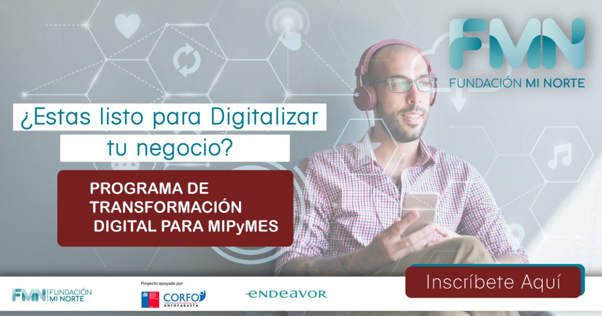 endeavorchile's tweet photo. ¡Atención emprendedores de la Región de Antofagasta! Últimos cupos para el #programadetransformacióndigital de @fminorte. Inscríbete y ten la oportunidad de escuchar a speakers de primer nivel y adaptarte a la transformación digital 👉https://t.co/Aqju50daku https://t.co/pT2TWyvz5d