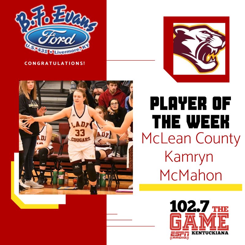 1027TheGame's tweet photo. Congrats to our ESPN Owensboro McLean County Cougar of the week Kamryn McMahon BTYB BF Evans Ford, Inc!!
Averaging 12 PPG this season https://t.co/HCiJSN8a22