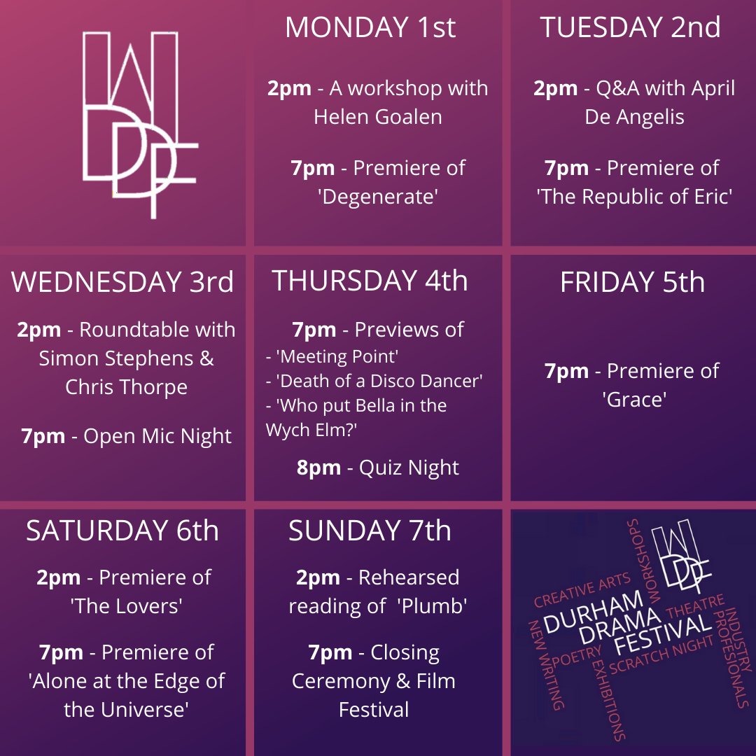 DurDramaFest's tweet photo. Here's our much anticipated schedule for the week of DDF! Keep an eye out for Facebook events detailing how to watch each of these amazing shows! #DUInspire https://t.co/eAhAfbpnXq