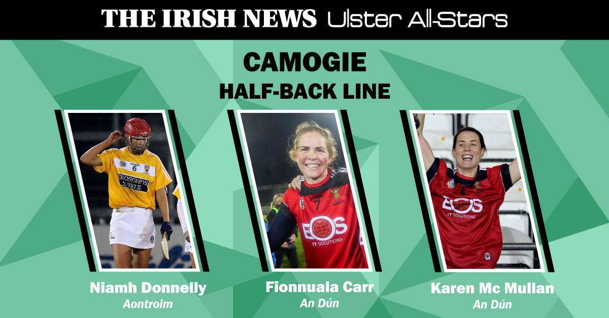 irishnewssport's tweet photo. The Irish News Ulster All-Star Camogie Half-Back Line Is: 

Niamh Donnelly, Antrim, Fionnuala Carr, Down &amp; Karen McMullen, Down

Well Done Ladies! 🏆
#INAllStars
@ClonduffGAC @carrfi06 @CastlewellanGAC
@karenmcm83 @McQuillanGAC @NiamhADonnelly1

Watch NOW: https://t.co/zK4DEZ9S7N https://t.co/QV9l1NDFBa