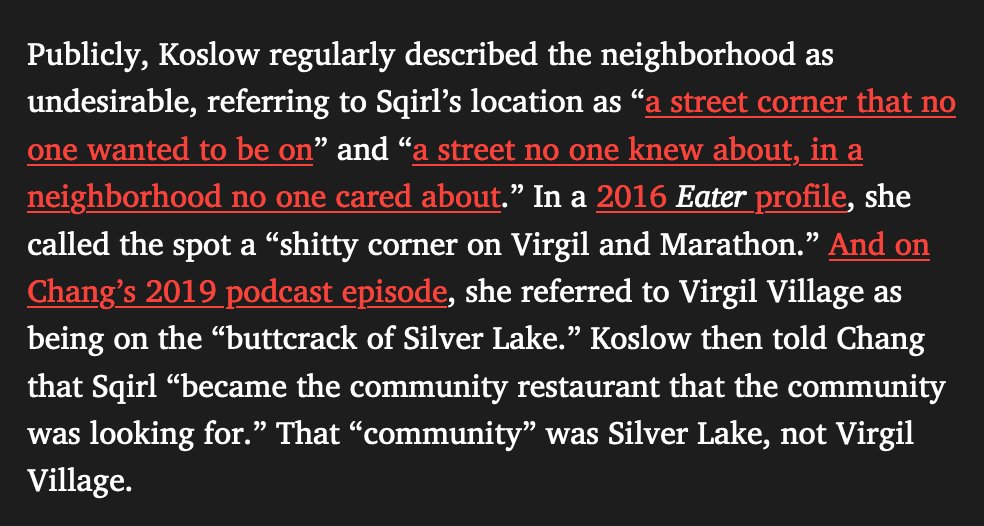 When that spot is replaced by a place like Sqirl, and the owner has the kind of disdain that owner Jessica Koslow did for the neighborhood, that also translates to the environment around the place, and the community knows they aren't welcome or valued.  https://thelandmag.com/beyond-moldy-jam-the-inside-story-of-what-went-wrong-at-sqirl/