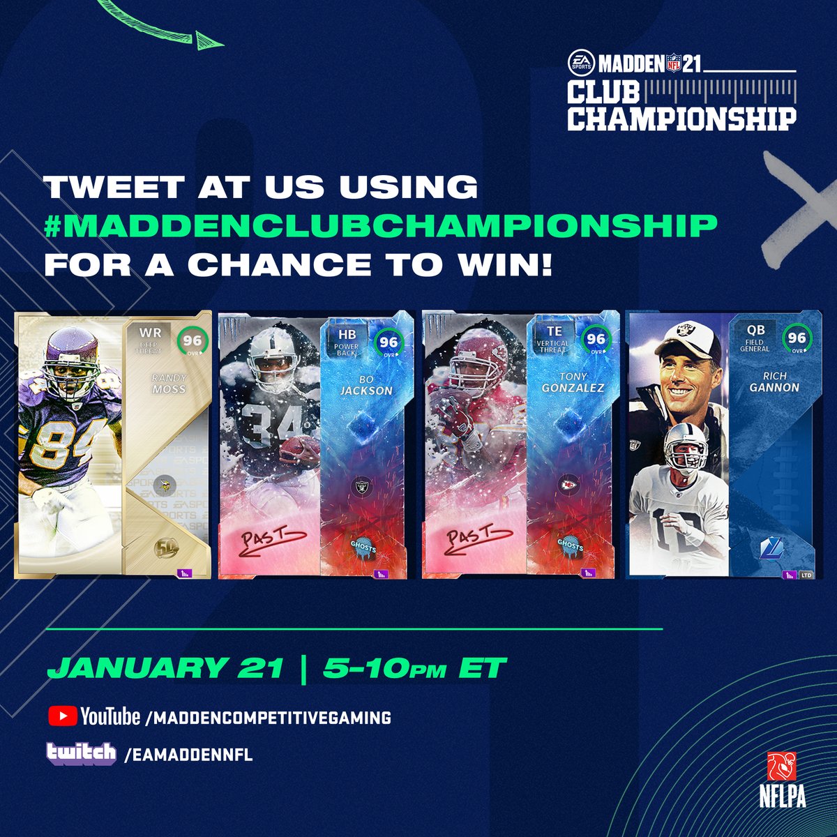 EAMaddenNFL_MCS's tweet photo. Tweet us your thoughts on tonight's AFC East &amp; West Playoff broadcast using #MaddenClubChampionship for a chance to see your tweet on the broadcast.  

We will also select a few lucky people to win a 🚚 of MUT items made up of the competitors favorite offensive players. https://t.co/DYoTFslZHG
