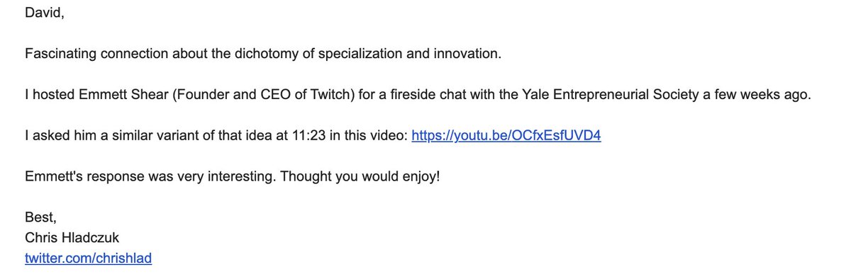 4/ Weekly: Routines and habits.For me to build the world-class network:• 2 threads per week/ 1 podcast per month• Send 1 DM/email to someone new per week• 1 DM + Zoom check in to an existing relationshipHere's a Search example replying to  @david_perell's newsletter: