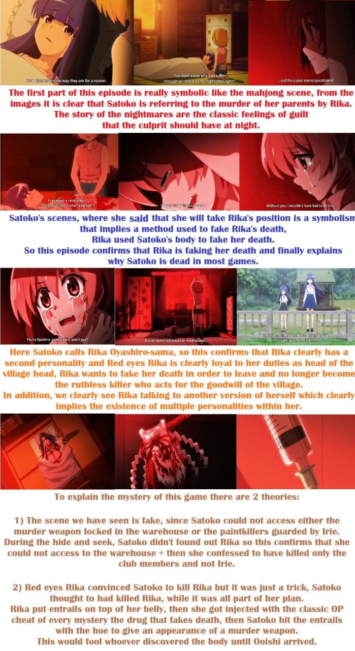 Italian_anon on X: #Higurashi #Erikantrice #07th_official THis episode  confirmed my supposition. Rika is the mastermind of all Oyashiro murders.  Rika is faking her death in all the games by using Satoko's body.