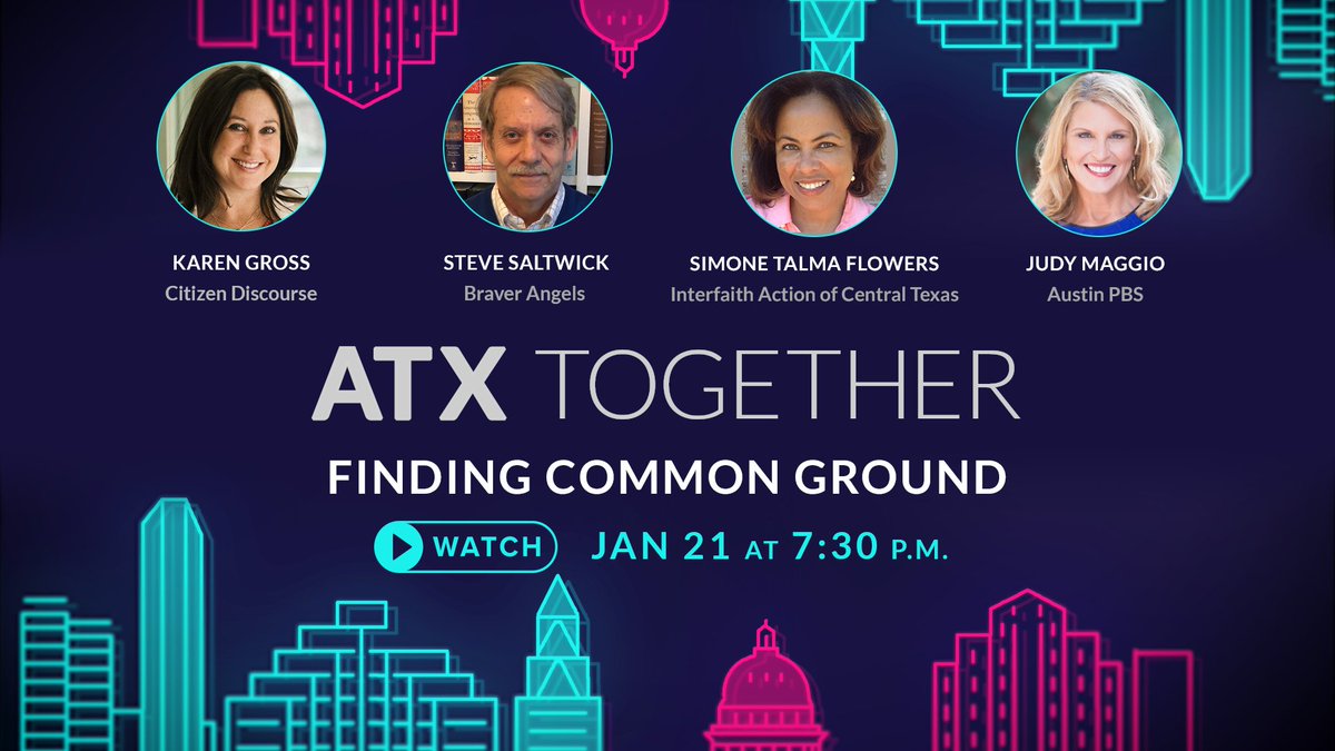 JudyMaggioTV's tweet photo. Our country is deeply divided &amp; our new President is calling for unity. At 7:30 pm on @austinpbs find out how we can all play a role in finding common ground with others. #ATXtogether https://t.co/UtEmHOA4yk